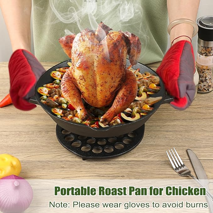 Cast Iron Chicken Roaster, Vertical Beer Can Chicken Holder with Drip Pan, Pre-Seasoned Poultry Roaster for Grill, Cast Iron Roast Turkey Stand, Roasting Pan & BBQ Grilling Accessories