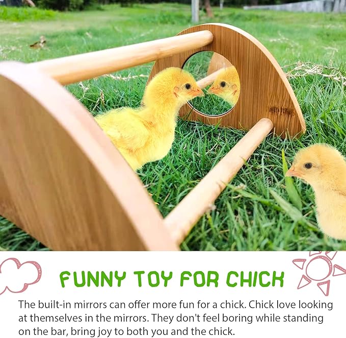 Mini Chick Perch with Mirror, Strong Bamboo Roosting Bar for coop and brooder, Training Perch for Baby Chicks, El Pollitos, La Pollita, Easy to Assemble and Clean, Fun Toys for Chick