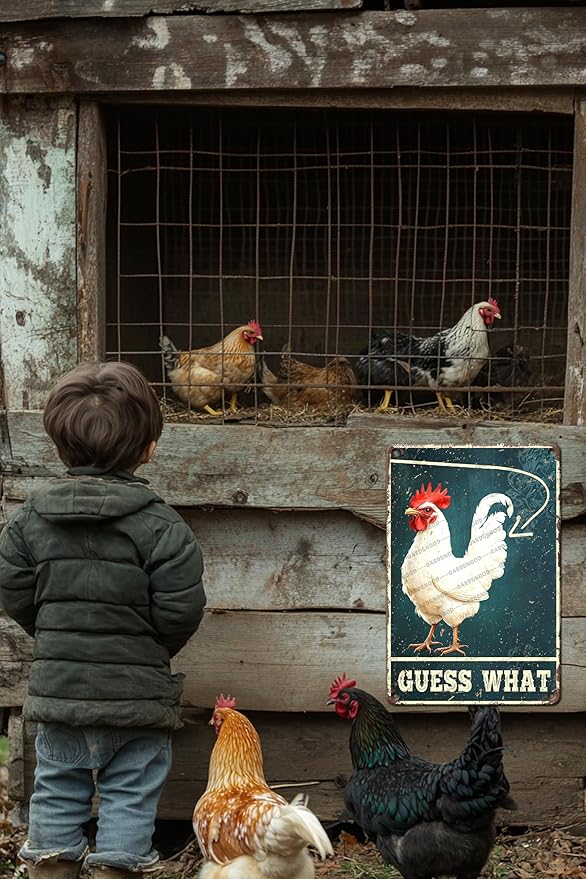 Rustic Chicken Farm Chicken Coop Metal Tin Signs Guess What Chicken Metal Poster Home Garden Farmhouse Restaurant Garage Vintage Aluminium Sign Art Wall Decor 16x12 Inch