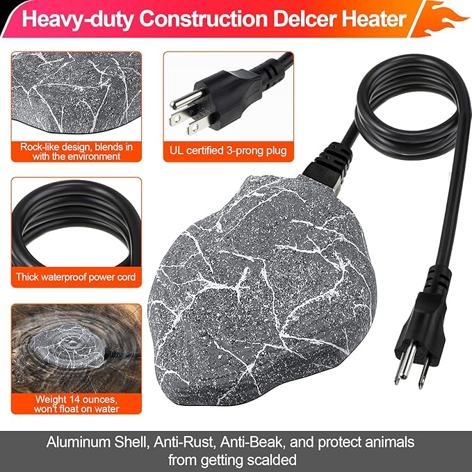 Saillong Bird Bath Deicer Heated Rock, 80W Submersible Utility Decorative De Icer, Thermostatic Controlled Winter Water Heater with Aluminum Base for Outdoor Bird, Chicken, Duck(1 Pack,Gray)