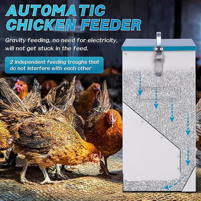 10L Chicken Grit and Oyster Shell Feeder Combo with Lid Hanging Duck Feeder Automatic Metal Gravity Chicken Feeder Poultry Coop Accessories for Goose Hens Eggs (Blue)