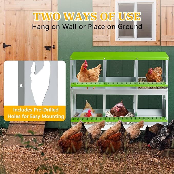 Chicken Nesting Box for Laying Eggs,Wall-Mountable Chicken Coop Nesting Boxes,6 Hole Roll Away Nesting Boxes,with Large Vented Holes,for Chickens,Ducks,Large Egg Laying Boxes (Green 6 Hole)