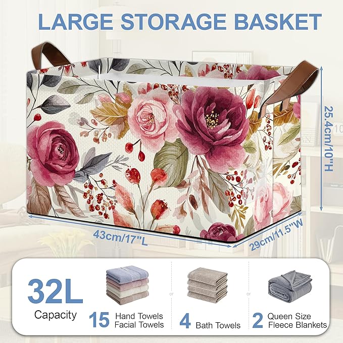 Vintage Pink Flower Storage Baskets,Foldable Large Capacity Organizer Bins with Waterproof Lining and Leather Handles for Closet,Shelf,Bedroom 17x11.5x10Inch