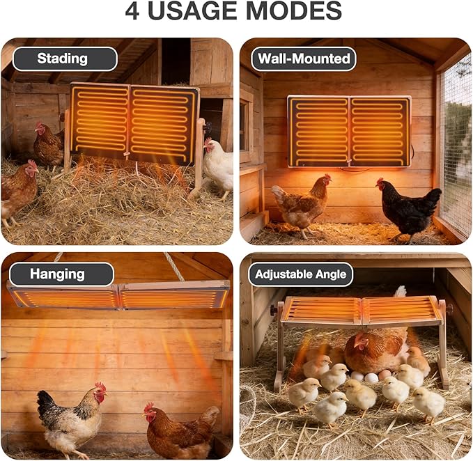 Chicken Coop Heater with Temperature Control, 200W Chick Heater with Adjustable Temp (70-190℉) for Winter, 2 Heating Plates, Foldable Large Size Coop Heater (Natural Wood)