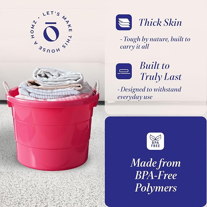 HOMZ 2-Pack Utility Tub, Large Plastic Storage Bucket with Rope Handles, 18 Gallon, Pink - Portable Indoor and Outdoor Buckets for Kitchen, Laundry, Garden, Bathroom, and Garage Organization