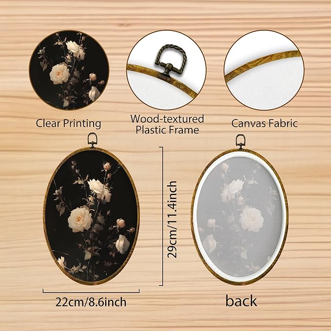 Hiuwevt Vintage Floral Oval Wall Art Decor, Antique Dark Moody Framed Canvas Prints, Rustic Botanical Flower Oval Wall Hanging Decor for Home Kitchen Decorations, 8.6x11.4 Inches