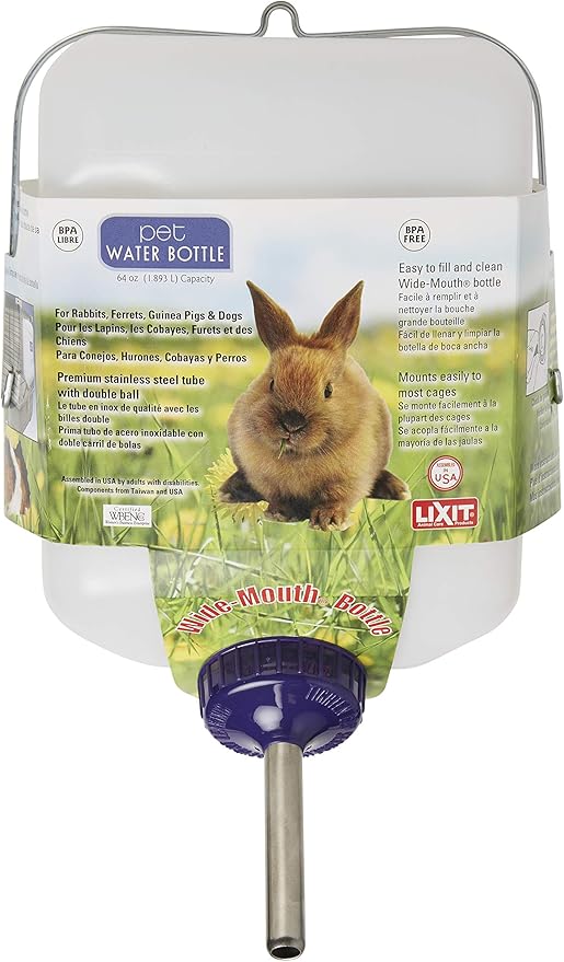 Lixit® All-Weather Rabbit Water Bottle - 64 Ounce Widemouth Cage Water Bottles for Rabbits, Ferrets, Guinea Pigs, Rats, and Other Small Animals (White, 64 Ounce (Pack of 2))