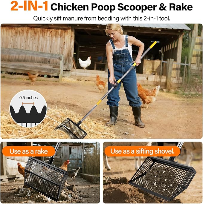 AsFrost 2-in-1 Chicken Poop Scooper & Rake,12" Heavy Duty Litter Scooper Sand Sifting Shovel for Chicken Coop & Pet Waste Cleaning, Adjustable 26" to 76" Stainless Steel Handle for Small Farm & Sand