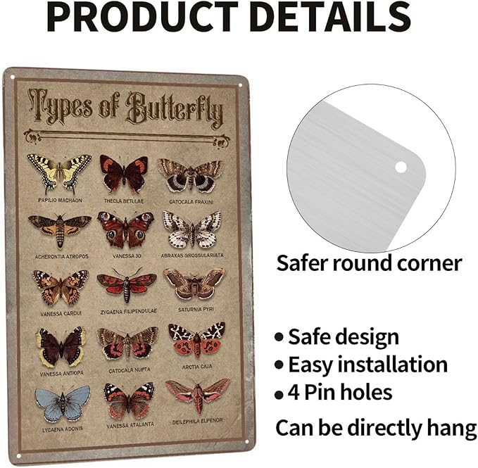 JOCASA Butterfly Vintage Aluminum Metal Sign Types Of Butterfly Poster Wall Decor-Retro Metal Tin Sign for Home Bedroom Kitchen Bar Home Cafe, Signs Gift,12''x 8''