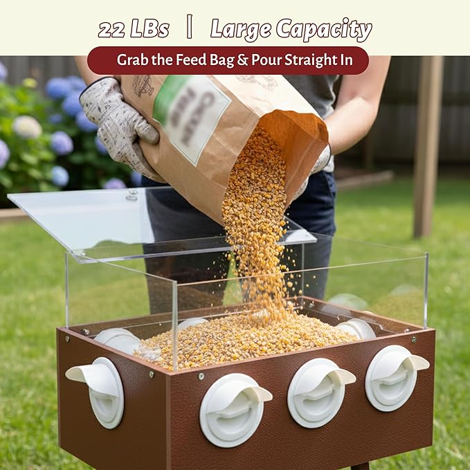 KOL No-Waste Chicken Feeder, 22LB Poultry Feeder with 6 Anti-Spill Ports, Clear-View HIPS & Acrylic Design, Foldable Stand for Hens and Chicks – Automatic Gravity-Flow Feeder