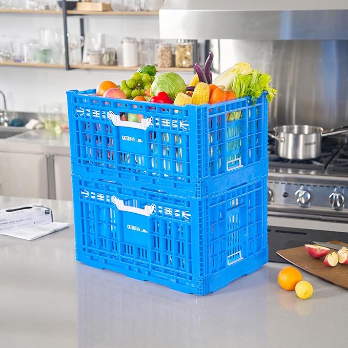 Restaurantware Plastic Milk Crates for Storage - Cater Tek Stackable Storage Buns for Organizing - Collapsible Storage Basket for Groceries, Home Supplies, Blue