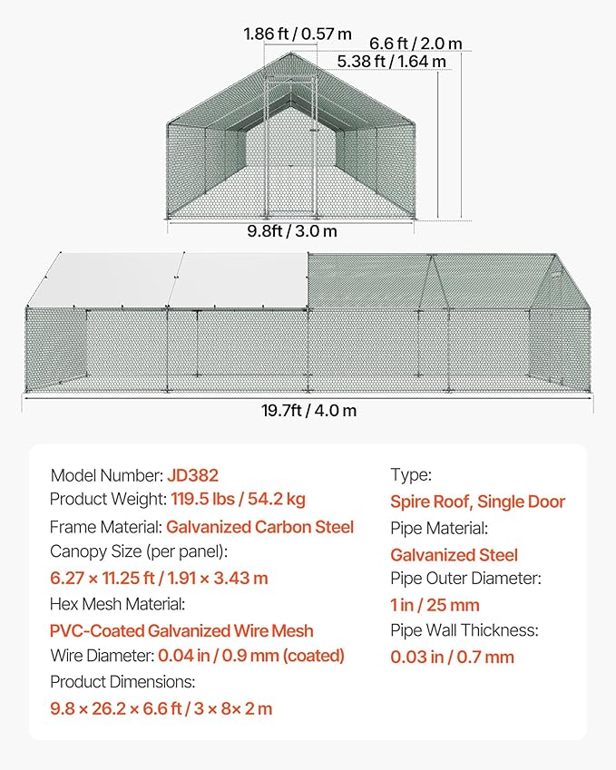 VEVOR Large Metal Chicken Coop with Run, 9.8x26.5x6.5 ft Walk-in Chicken Runs for Yard with Cover, Spire Roof Hen House with Security Lock for Outdoor and Backyard, Farm, Duck Rabbit Cage Poultry Pen