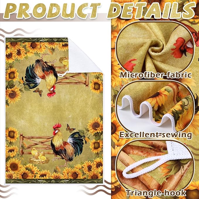 6 Pcs Farmhouse Kitchen Towels Rooster Dish Towels Cock Dishcloths Sunflower Retro Hand Cloths Rustic Cock Mom Gifts for Kitchen Christmas Bathroom Decor Housewarming Gift