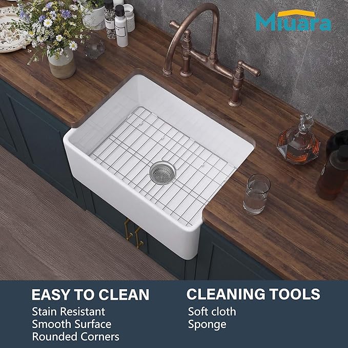 Miuara Farmhouse Sink 24 Inch - Small Apron Front Undermount Kitchen Sink Reversible 24"x18"x10", Farm House Style Single Bowl, Heavy Duty Solid Fireclay, Glossy White, for Kitchen & Laundry