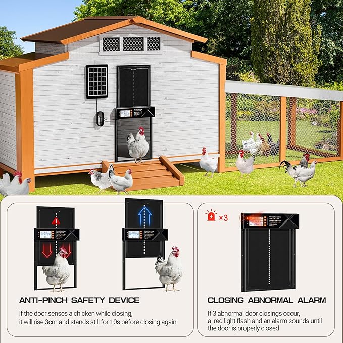Automatic Chicken Coop Door Solar Powered, Extra Large Auto Chicken Door Mix 4 Modes with Timer & Light Sensor, USB-c Charging, Anti pinch & Alert, Remote, LED Screen, Aluminum Weather Proof Coop Door