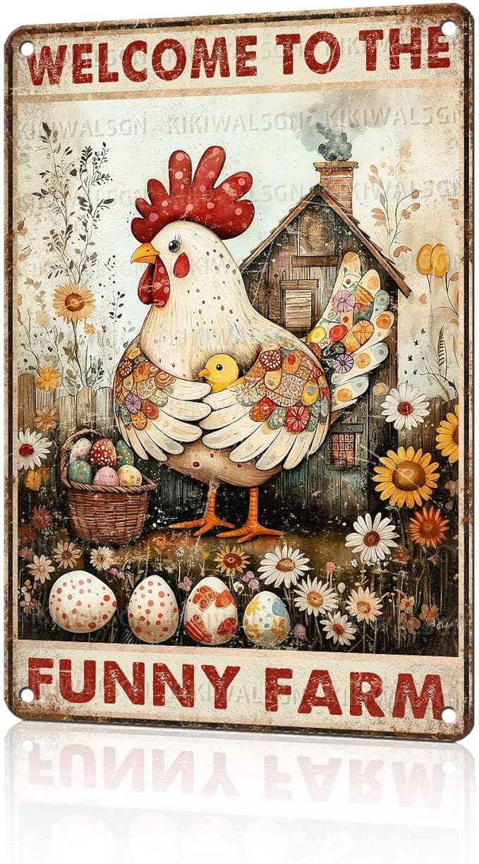 Chicken Metal Sign Chicken Coop Metal Decor Welcome To The Funny Farm Tin Signs Vintage Farmhouse Poster Rustic Wall Decor For Home Farm Poultry House Cafe Kitchen Bar Yard Gate 12 * 8 In