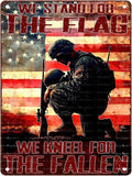 Vintage American Soldier Tin Sign We Stand For The Flag We Kneel For The Fallen Metal Sign Decor for Women Men Wall Decor for Independence Memorial Day Veterans Day Home Bedroom Man Cave 12X16Inch