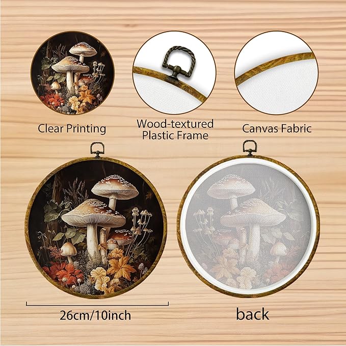 Hiuwevt Cottagecore Moss Mushroom Round Wall Art Decor, Vintage Moody Dark Academia Framed Canvas Prints, Rustic Forest Agaric Round Wall Hanging Decor for Bedroom Home Decorations, 10x10 Inches