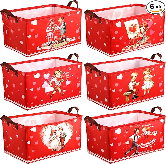 CHENGU 6 Pack Valentine's Day Storage Basket Vintage Valentine's Day Basket for Gift Collapsible Red Heart Holiday Decor Retro Large Bin Foldable Waterproof Box with Handle for Bedroom Laundry Nursery