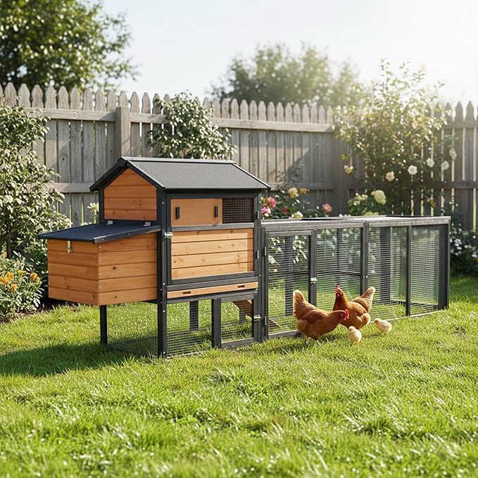 Chicken Coop with Run,Large Outdoor Chicken House with Nesting Box for 2-6 Chickens,Outdoor Wooden Hen House Poultry Pet Hutch Run Cage (Brown+Black)