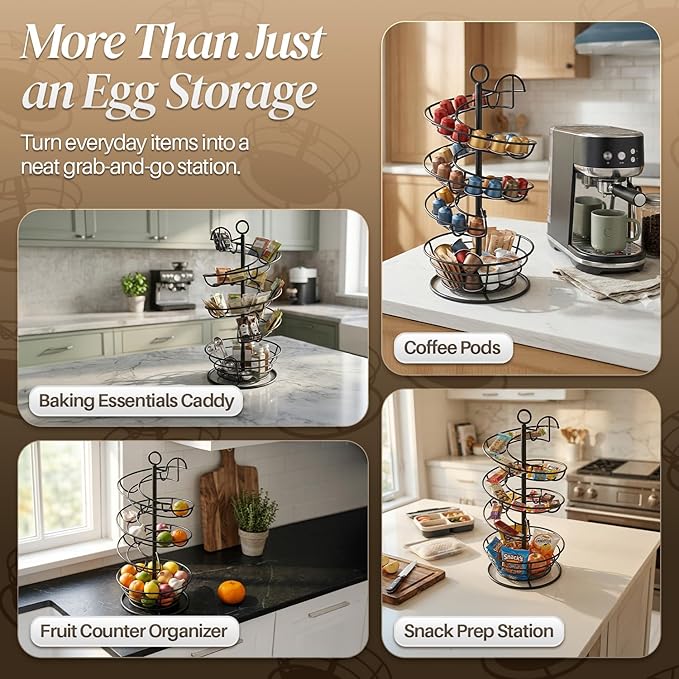 Flexzion Metal Egg Skelter Countertop Egg Holder - Sturdy Black Spiral Egg Holder with Bottom Basket and 360-Degree Rotatable Middle Pole Up to 36-Egg Capacity, Egg Storage Rack Solution