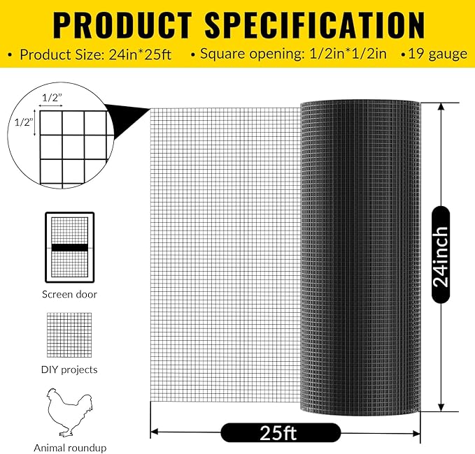 Hardware Cloth PVC Coated Wire Mesh 24'' x 25' 1/2inch Mesh Black Vinyl Coated Fence Chicken Wire Fencing 19 Gauge Chain Link Fence for Chicken Coop, Animal Control,Gutter Guard, and Home Improvement