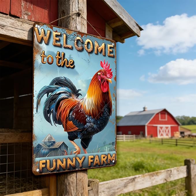 Funny Rooster Sign Welcome To The Funny Farm Rustic Tin Sign for Home Farm Chicken Coop Decor 16x12 Inch