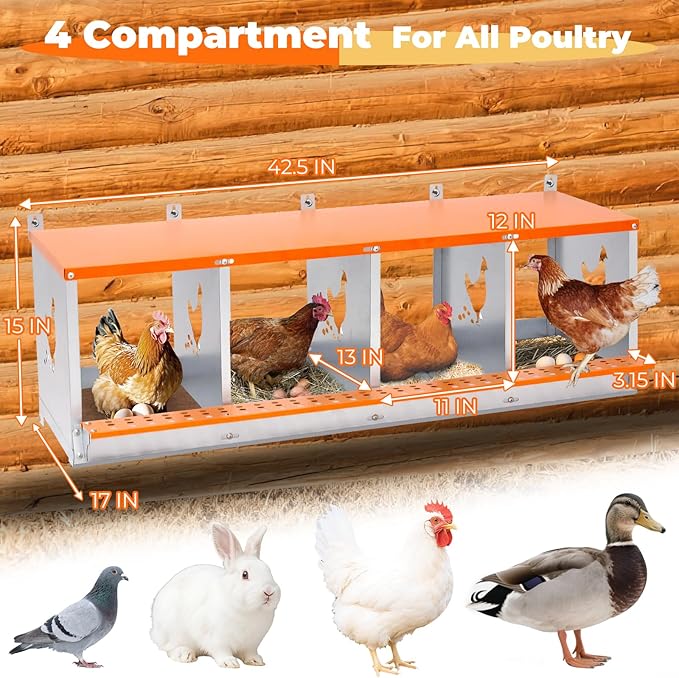 Chicken Nesting Box, 4 Compartment Metal Nesting Boxes for Chickens, Wall Mountable Chicken Laying Boxes, Easy Egg Collection, with Nesting Pads, Indoor & Outdoor Use, 42.5" L x 17" W x 15" H