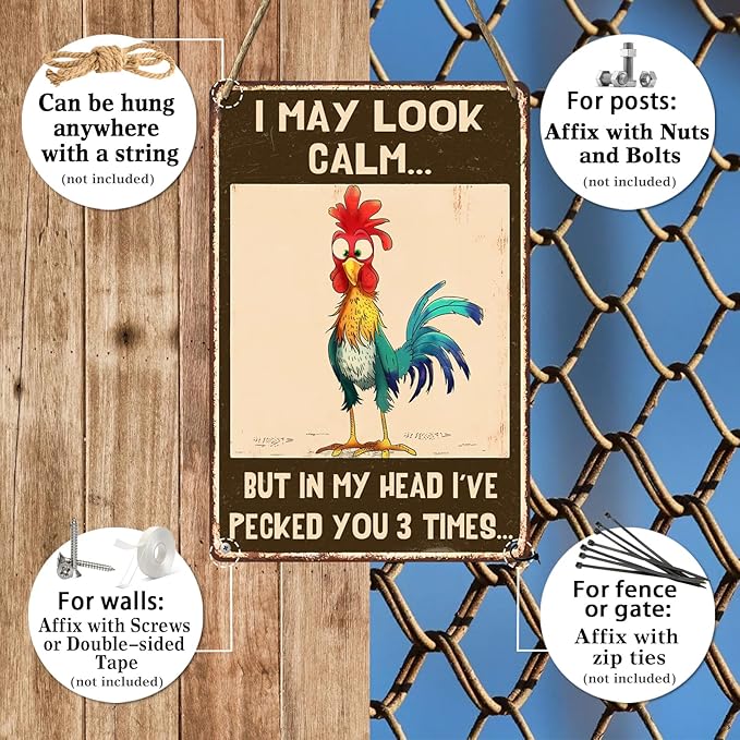 I May Look Calm' but in My Head I’Ve Pecked You 3 Times Chicken Coop Metal Tin Sign Decor Humorous Farmhouse Wall Art Home Farmhouse Farm Decor Chicken Coop Accessories 8x12 Inch