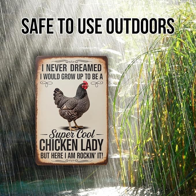 Cool Chicken Lady Sign – Funny Farmhouse Wall Decor, Vintage Metal Chicken Sign With Rustic Distressed Finish 8x12