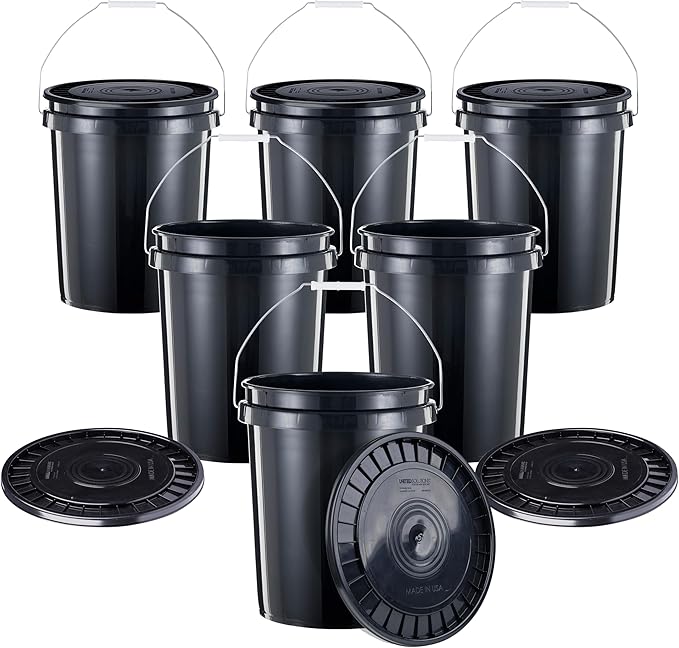 United Solutions 5-Gallon Heavy-Duty Buckets with Snap-On Lids, 6-Pack – BPA-Free, Food-Grade Plastic, Multi-Purpose Storage for Home, DIY, and Job Sites – Black