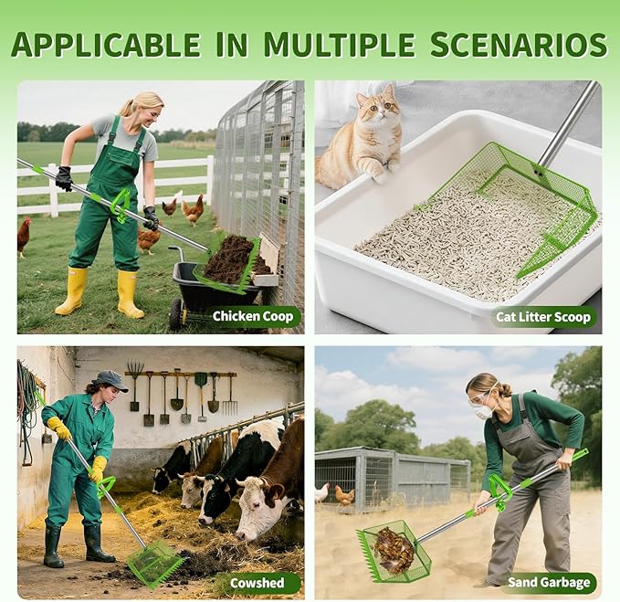 2-in-1 Chicken Coop Scooper: Extra Large 12” Poop Scooper & Rake with Adjustable Handle (37”-65”) | Heavy-Duty Metal Shovel for Quick Pet Waste, Rabbit, Guinea Pig, Barn Cleaning | Green