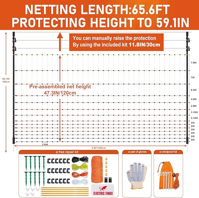 Poultry Electric Netting Fence - 47.3''H (can be Manually Raised to 59.1''H) x 65.6'L for Flying Chicken, Sheep, Goats in Farms, Ranches and Gardens, PK2