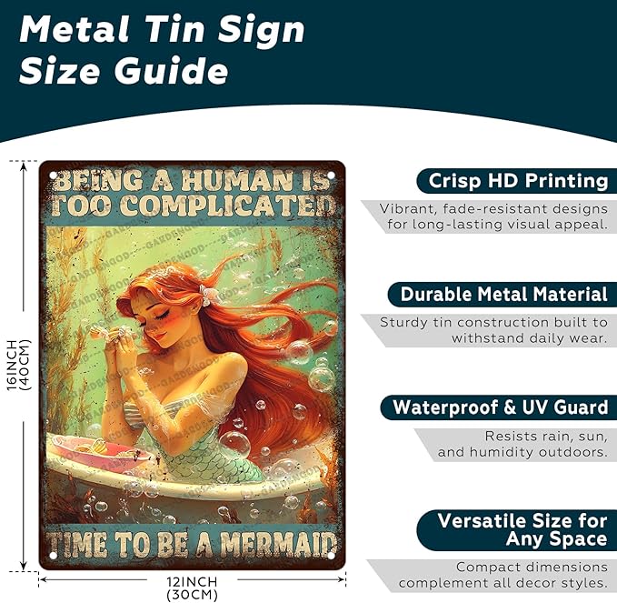 Mermaid Metal Sign Being A Human Is Too Complicated Time To Be A Mermaid Novelty Metal Poster Home Kitchen Bathroom Aluminium Sign Art Wall Decor 16x12 Inch