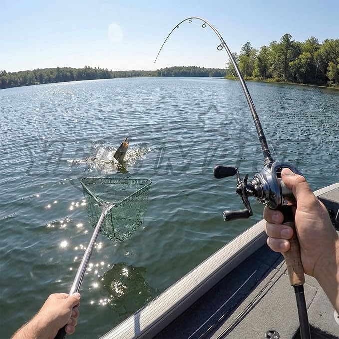 Yeahmart Telescoping Fishing Net, 61" Foldable Landing Net with 2 Interchangeable Heads & Rescue Hook, 4-in-1 Long Handle Fish Net for Kayak, Boat, Bass, Freshwater & Saltwater Fishing Gear
