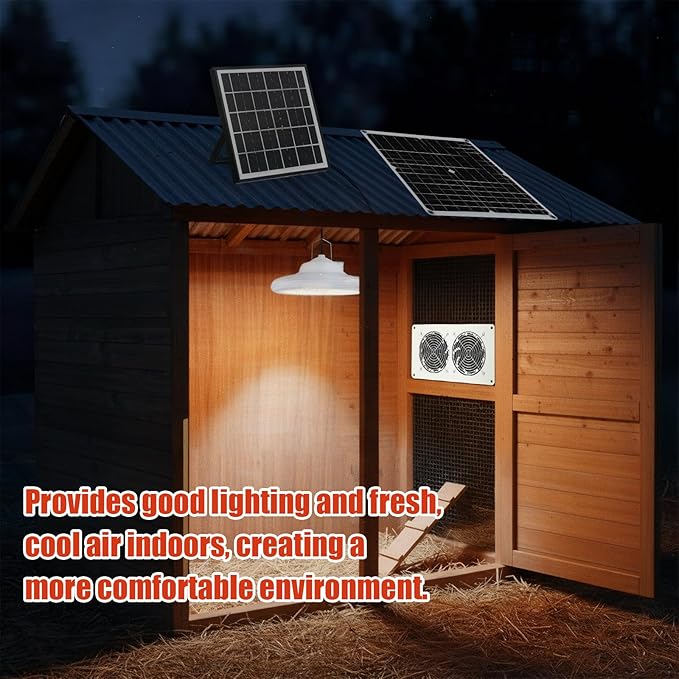 2 Set 25W 12V Solar Panel Dual Metal Shell Fan Kit and Solar Chicken Coop Shed Light with Timer, Waterproof for Inside Chicken Coop, Shed, Greenhouses, Pet House