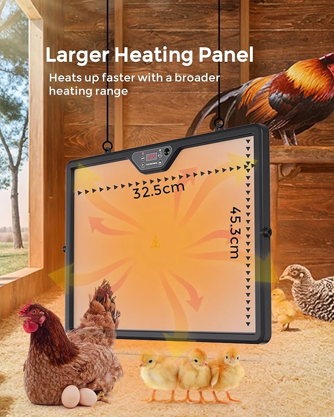 Smart Chicken Coop Heater with Thermostat, 180W Radiant Heat Panel, Adjustable Temp (86-167℉), Remote Control, Dual Sided Heating, Support Timer and Lighting, Coop Heater for Winter