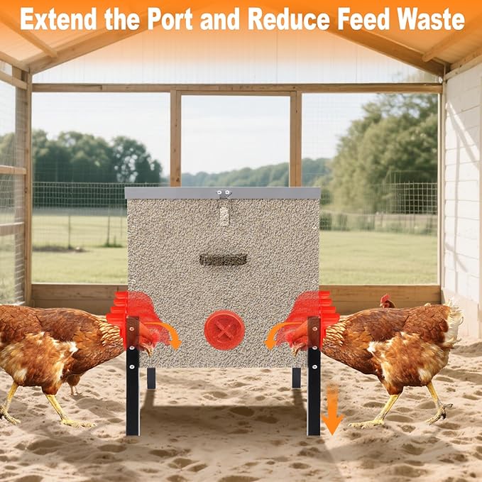 100 LB Automatic Chicken Feeder 10 Port L No-Waste Ports Heavy-Duty Outdoor Metal Feeder with Adjustable Height,Locking Lid & Riveted Handles,Rustproof Feed Box for Poultry & Backyard