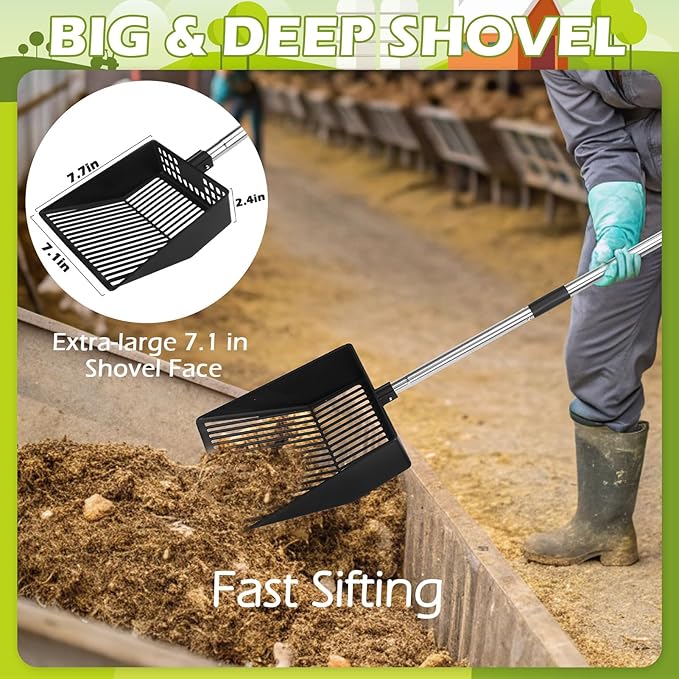 EXPAWLORER Large Chicken Poop Scooper,Adjustable Chicken Coop Rake with Stainless Steel Long Handle,Heavy Duty Litter Sifting Shovel Chicken Coop Accessories(22"-52.3")