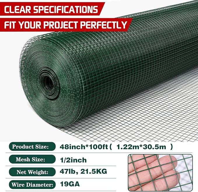 Hardware Cloth 1/2inx48inx100ft, Chicken Wire Fencing Vinyl PVC Coated Welded Wire Mesh Animal Coop Garden Plant for Rabbit Snake Rodents Foxes Groundhogs Poultry Netting Cage Farm Protection