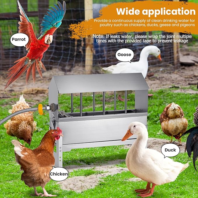 Automatic Chicken Waterer, Metal Chicken Waterer Dispenser Poultry Waterer No Waste Adjustable Height Chicken Watering System with Float Valve for Duck Pigeon Goose Turkey