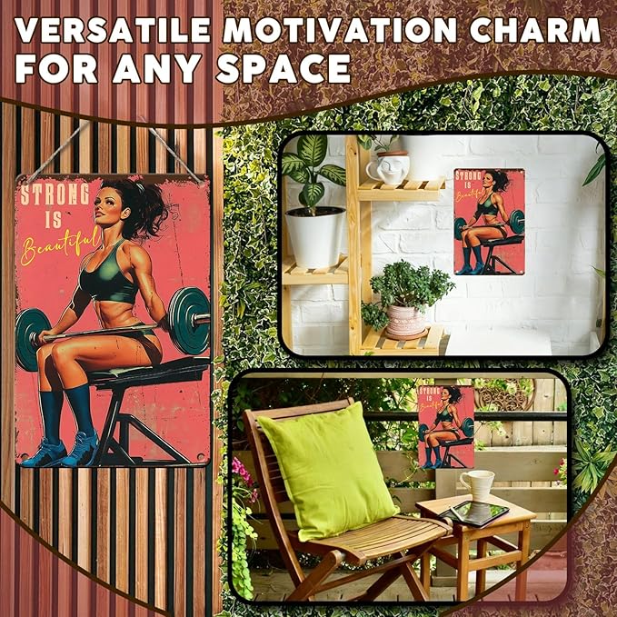 PEACHGARDEN Gym Decor Gym Girl Metal Signs Strong Is Beautiful Poster Girl Fitness Wall Art Decor Metal Tin Sign for Fitness Studio Workout Room Garage Kitchen 8x12inch