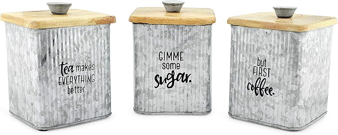 AuldHome Design Farmhouse Galvanized Canisters (Set of 3); Storage Containers for Coffee, Tea and Sugar in Galvanized Iron and Wood Design