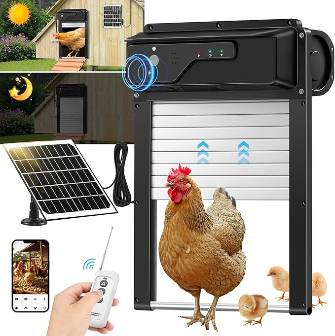 Sararoom Automatic Chicken Coop Door Solar Powered with HD Camera, 5000mAh Chicken Coop Door with Remote Control, WiFi Enabled, APP-Based Monitoring, Timer, Anti-Trap Sensor and Alarm Drive