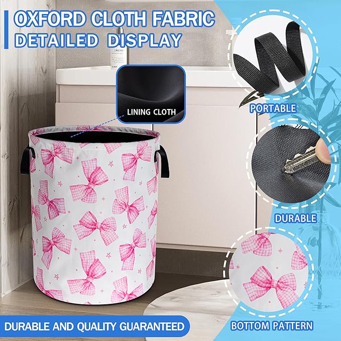 Pink Bow Laundry Basket Oxford Cloth Bowknot Laundry Hamper With Handle Foldable Portable Clothes Storage Basket 18.9 X 16.5 In Storage Bag For Laundry Room/Bathroom/Bedroom/Dormitories