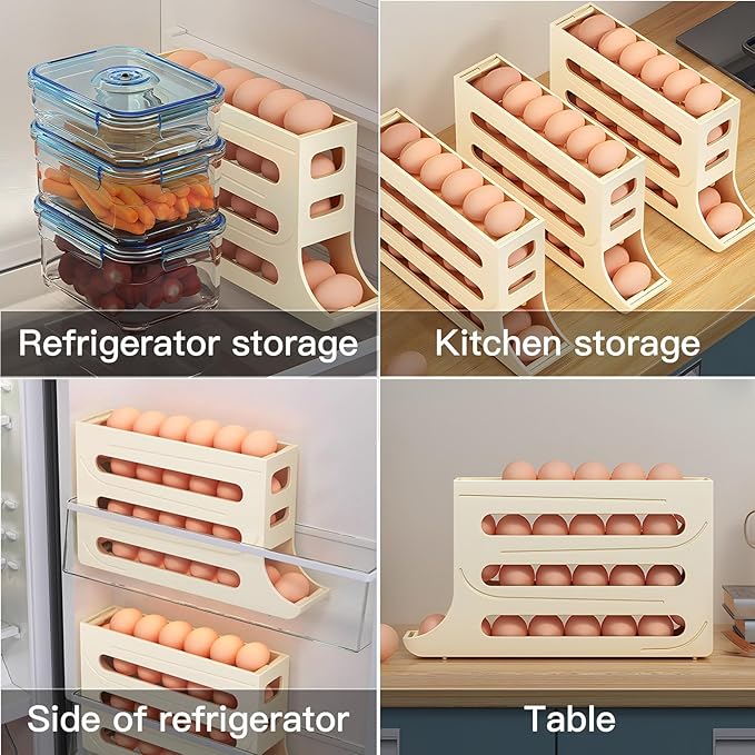 Automatic Rolling Egg Storage For Refrigerator, Fridge Organizer, Space Saving Refrigerator Egg Holder For Fridge ,Holds 28 Egg Storage，for Refrigerator,Kitchen,Cabinets,Tabl(transparent)