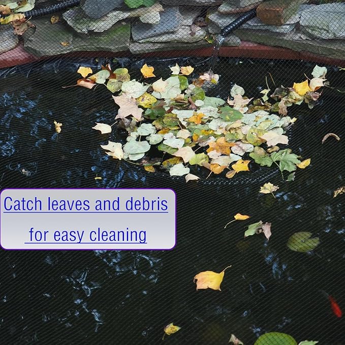 JUNFLYING 14x14 Ft Pond Netting for Leaves, 1/2 in Fine Mesh, Strong Woven Koi Fish Net Cover, Against Birds, Cats & Predators, Stakes Included