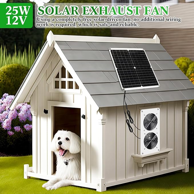 2 Sets Solar Panel Fan Kit 25W 12V Solar Fans for Outside Greenhouse USB Portable Waterproof Dual Fan with Metal Shell for Inside Chicken Coop, Shed, Pet House