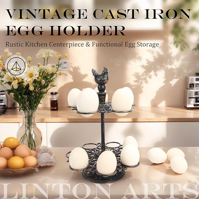 Cast Aluminum Fresh Egg Holder Countertop, Egg Holder Rack Tray for 12 Fresh Eggs, 2-Tier Egg Tray & Dispenser with Rooster Top Design, Egg Skelter for Kitchen (7.67" × 7.67" × 10.98")