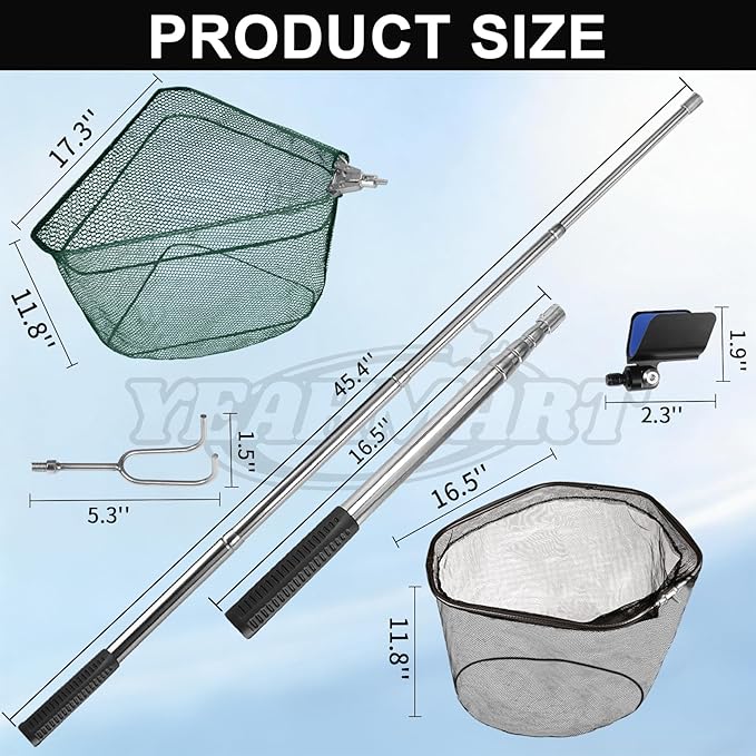 Yeahmart Telescoping Fishing Net, 61" Foldable Landing Net with 2 Interchangeable Heads & Rescue Hook, 4-in-1 Long Handle Fish Net for Kayak, Boat, Bass, Freshwater & Saltwater Fishing Gear